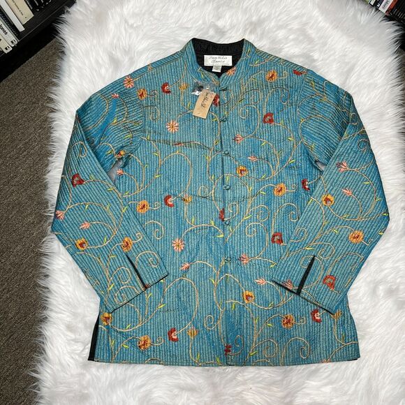 SAM HILU'S CLASSICS REVERSIBLE QUILTED JACKET FLORAL SEA GREEN / BLACK - Picture 1 of 9